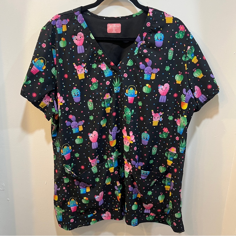 Zavate Ava Therese Looking Sharp Cactus Women's 2-Pocket V-Neck Print Scrub Top